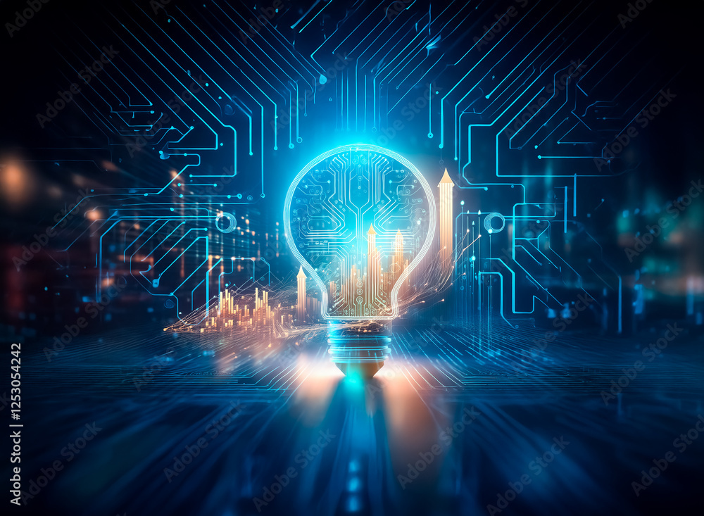 Poster a glowing light bulb outline with a circuit pattern is on a blue circuit board background. city ligh
