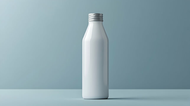 A sleek white aluminum bottle with a silver cap placed against a muted blue background. The bottle has a minimalist design, ideal for modern hydration needs. It represents sustainability, premium drin