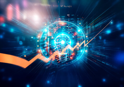 A glowing digital sphere emits radiant lines, accompanied by an ascending graph, symbolizing technological advancement and data connectivity in a futuristic style.