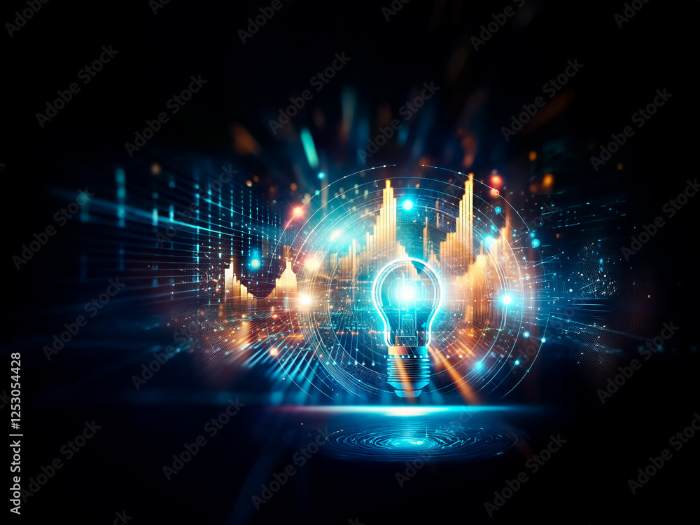 Fototapete A glowing lightbulb emits bright light surrounded by abstract shapes and lines against a dark backdrop, suggesting innovation and futuristic concepts.