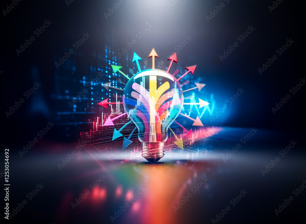 Poster a bright lightbulb radiates colorful arrows in all directions against a dark backdrop, symbolizing i