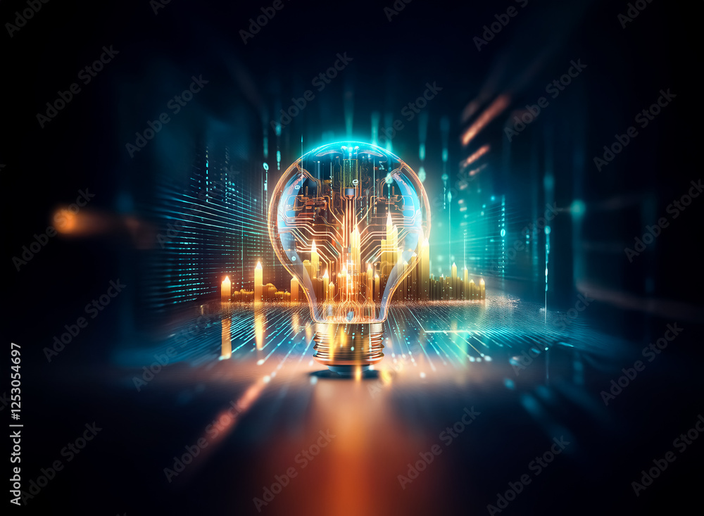 Poster a luminous lightbulb with circuit patterns inside radiates light surrounded by abstract blue and ora