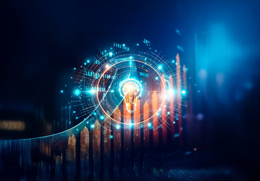 Vibrant digital network with glowing lights and abstract shapes creates a futuristic and dynamic scene.  Data streams and technological connections are visually represented.