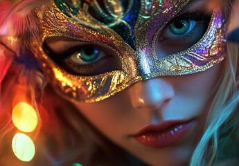 Close-up of a blonde woman wearing an elaborate masquerade mask