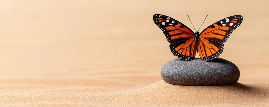 Vibrant butterfly resting on gray stone.