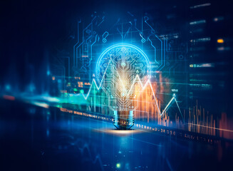 Fototapeta premium A luminous light bulb with a brain interior, overlaid with digital circuit designs and financial charts in blue and orange tones, symbolizing technological ideas.