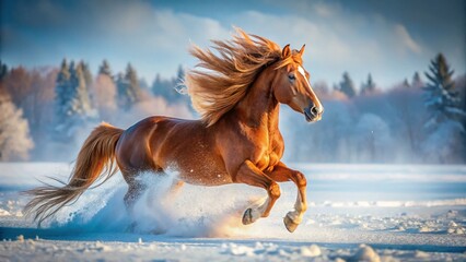 Obraz premium Majestic Chestnut Horse Galloping in Snowy Winter Landscape