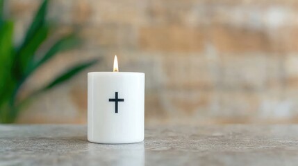Burning candle on a table, peaceful scene, religious symbolism