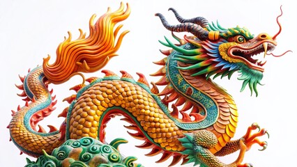 Obraz premium Majestic Chinese Dragon Statue Isolated on White Background - Asian Art, Mythical Creature