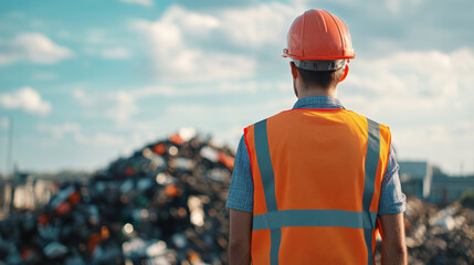 Obraz premium man in high visibility vest and hard hat stands before large pile of scrap metal, reflecting on importance of recycling and waste management