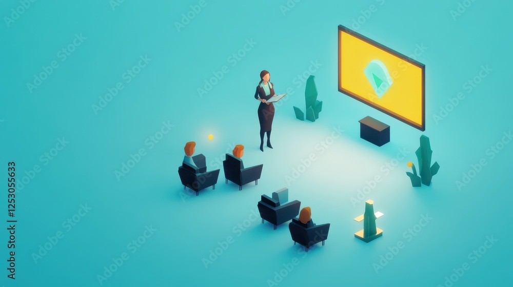 Poster isometric 3d low poly representation of business presentation with audience viewing a screen in a st