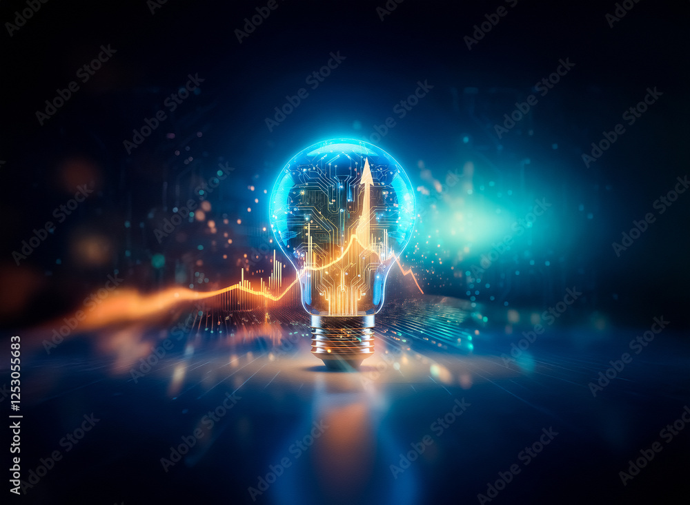 Poster a bright light bulb glows with energy lines and sparks, illuminated on a reflective surface against 
