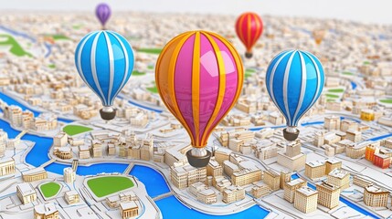 Naklejka premium Colorful hot air balloons float over a detailed city map, creating a whimsical aerial scene.