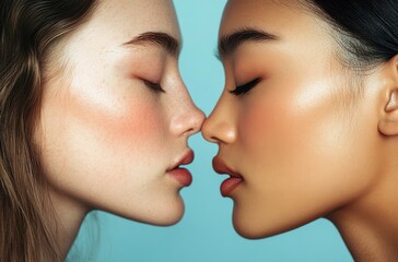 Fototapeta premium A close-up of two faces, one Caucasian and the other Asian with clear skin, touching foreheads in a moment against a light blue background