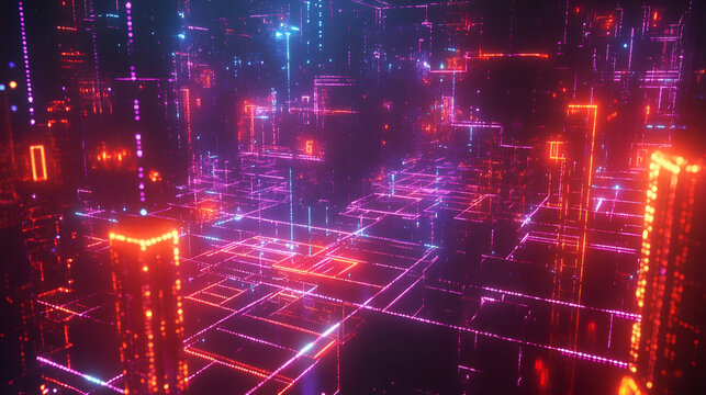 A complex futuristic cyber cityscape with interconnected neon-lit structures. The high-tech digital design represents AI-powered smart cities, blockchain integration, and seamless data processing.