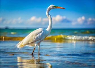 Majestic Egret Hunting Fish in Calm Sea - Coastal Bird Wildlife Photography