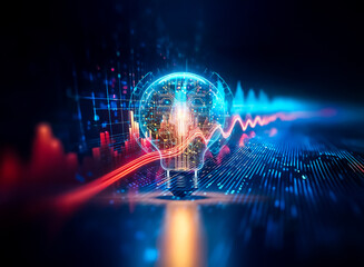 A glowing digital lightbulb emits blue light against a dark background. Red and blue data streams flow around it, symbolizing innovation and technological progress in a digital realm.