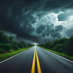 Stormy Sky Over Empty Road with Yellow Center Lines