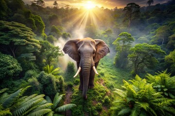 Fototapeta premium Majestic Elephant Emerging from Lush Rainforest - Drone Aerial View