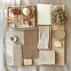 Create a finishes board on a neutral background with sunlight. Focus on natural textures and warm, neutral tones. Include materials such as light beige paint, smooth concrete, natural stone 