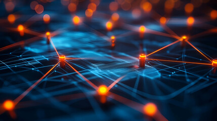 A glowing blue and orange neural data network with interconnected pathways, symbolizing AI-powered evolution, blockchain integration, and deep learning visualization.