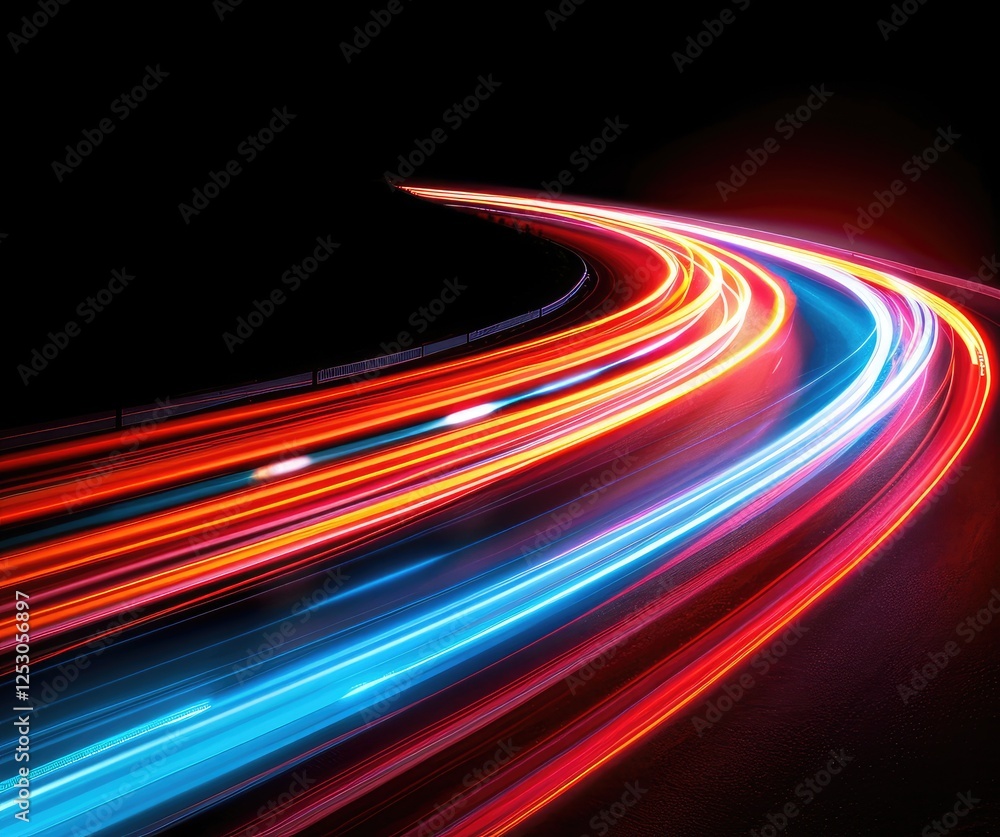 Poster colorful light trails create a dynamic curved pattern against a dark background.