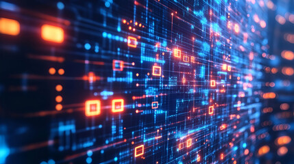 A vibrant neon blue and orange digital interface with geometric shapes and glowing elements. The cyberpunk design represents AI-powered data visualization, blockchain encryption, and next-gen computin