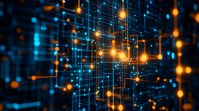 A complex web of interconnected blue and orange digital nodes forming a futuristic neural network. The illuminated pathways symbolize AI-driven machine learning, blockchain transactions, and high-spee