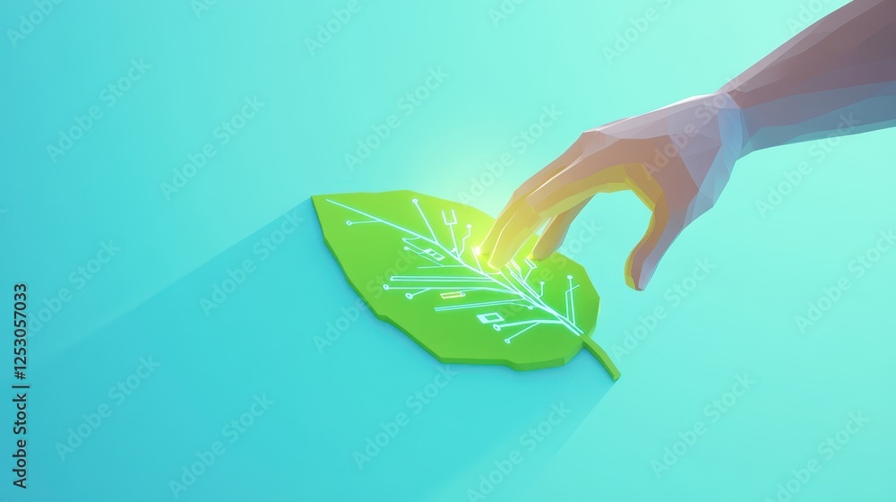 Poster isometric 3d low poly style depiction of hand interacting with a leaf representing business and tech