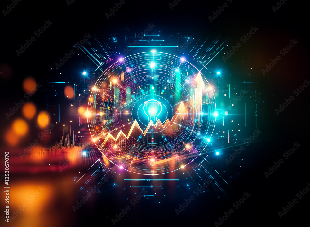 Aufkleber Abstract glowing circle with bright lines and shapes on a dark background. Futuristic and technological design with vibrant colors.