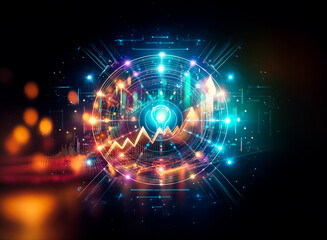 Fototapeta premium Abstract glowing circle with bright lines and shapes on a dark background. Futuristic and technological design with vibrant colors.