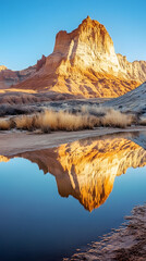 A panoramic photo of the scene, the honeycomb rock formations in shades of red and orange, with water reflecting their colors
