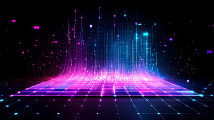 A neon blue and pink futuristic holographic display with vertical light streams forming a data-driven digital landscape. The glowing effects symbolize AI, cloud computing, and data visualization.