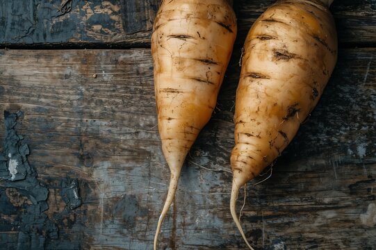 Ra&iacute;ces de nabo sobre una superficie de madera, con una textura terrosa y natural.