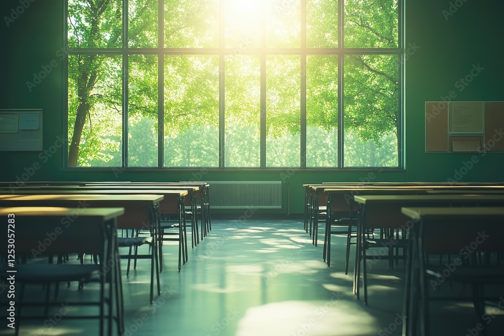 Poster Sunlit classroom with rows of empty desks and a large window overlooking lush green trees.