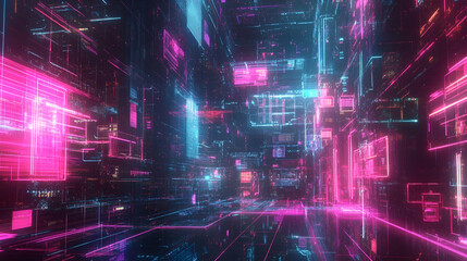 Fototapeta premium A neon blue and pink futuristic cyber city with a glowing digital skyline, symbolizing AI-powered smart cities and next-generation digital infrastructure.