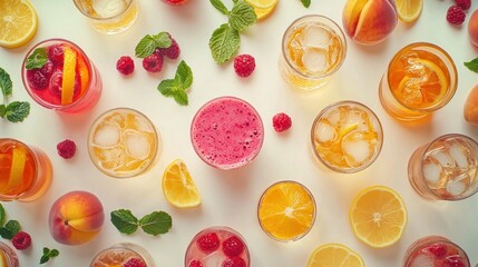 Colorful assortment of refreshing summer drinks with fruits and mint leaves