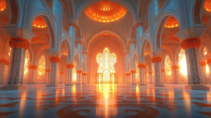 Majestic illuminated hall with intricate architecture and glowing windows, evoking tranquility