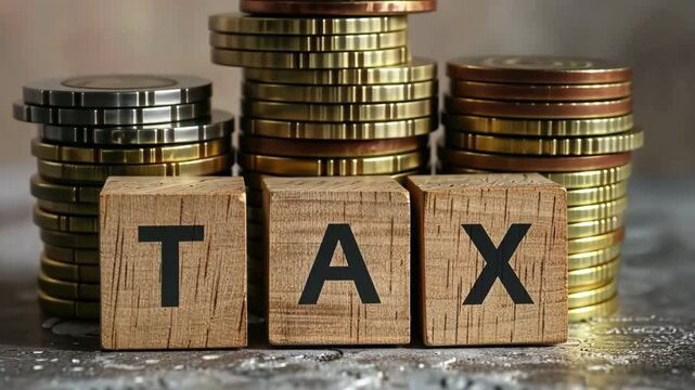 Tax season. Taxation. Word Tax on wooden blocks, calculator, coins stack. Paperwork, financial research, report. Calculation tax return. Personal banking. Finance. Planning budget. Calculating expense