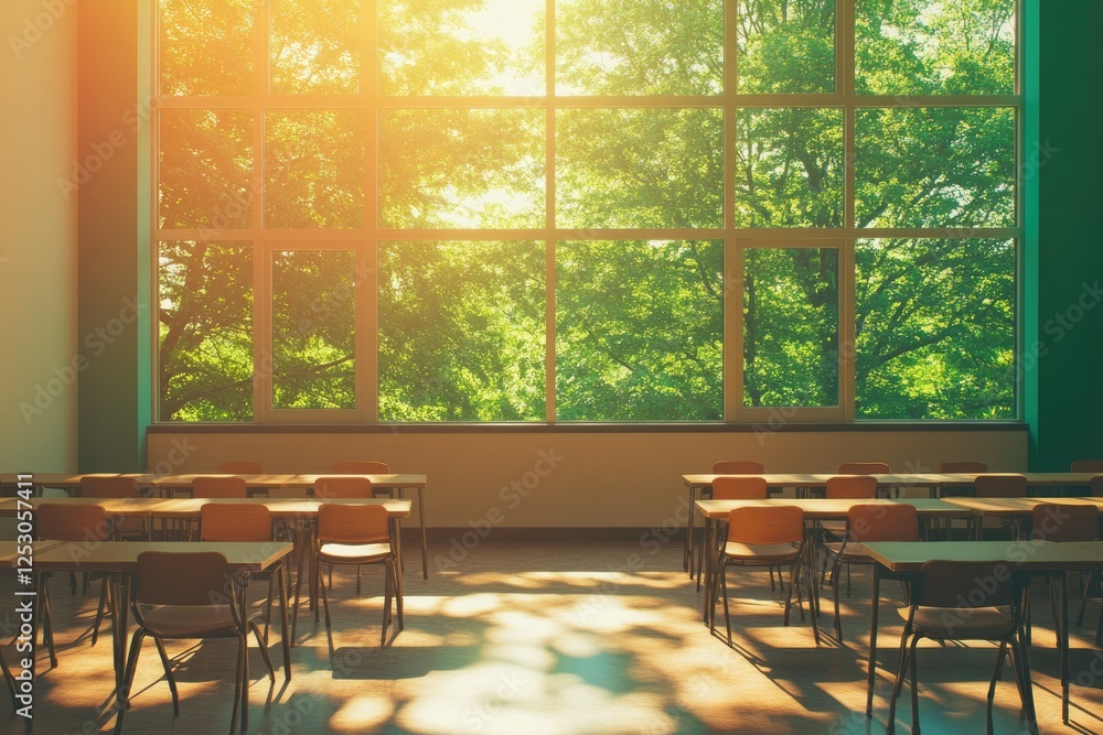 Aufkleber sunlit classroom with large windows overlooking lush green trees, desks arranged neatly.