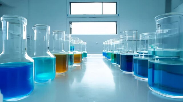 Laboratory beakers filled with colorful chemical liquids on table