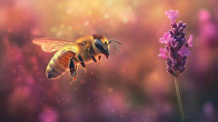Fototapeta premium Macro shot of a bee in flight approaching a lavender flower with vibrant bokeh.