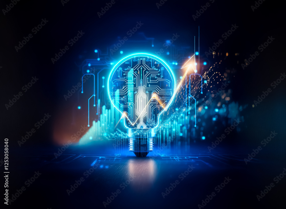 Poster circuit board light bulb glows, representing tech innovation and growth. blue data lines upward tren