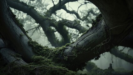 Explore the tranquil beauty of ancient trees intertwined with moss in the heart of a misty forest during the early dawn hours