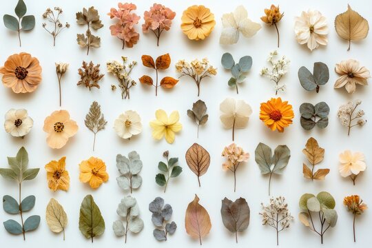 A curated collection of dried flowers and leaves arranged in a grid pattern, showcasing various muted autumnal colors.