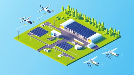 Isometric 3D Low Poly Style Depiction of a Futuristic Urban Energy Hub with Drones and Solar Panels