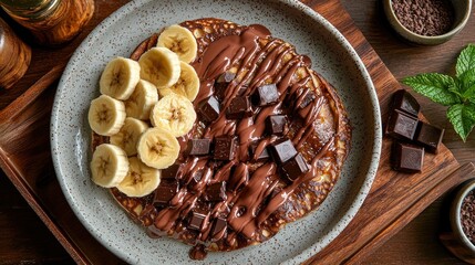 Fototapeta premium Delicious chocolate pancake topped with banana slices and chocolate chunks on a wooden table