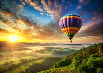 Fototapeta premium Majestic Hot Air Balloon Soaring Over Scenic Landscape - Sunrise Flight