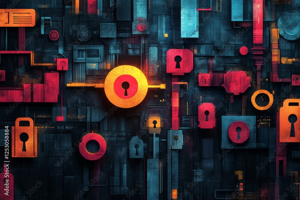 Poster abstract digital locks and keyholes in a colorful, modern design representing security and technolog