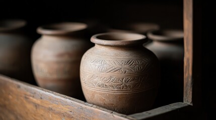 Beautifully crafted clay pots lined up on a wooden shelf, showcasing intricate designs